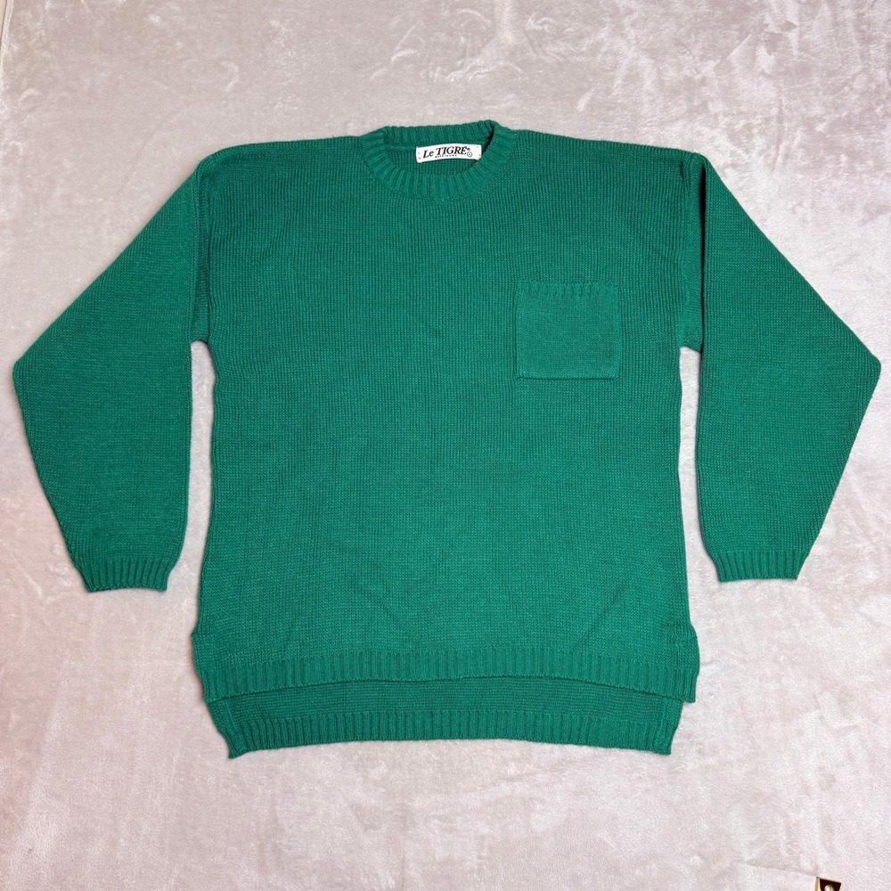 Vintage Le Tigre Crewneck Sweater Men Large Green Pocket Ribbed Preppy 90s USA